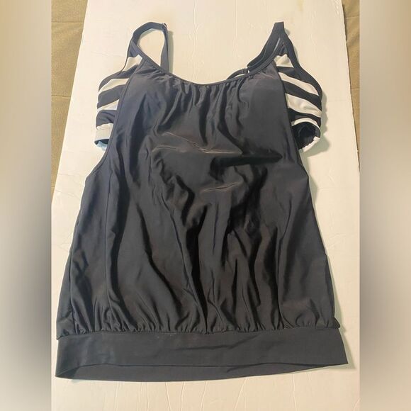 Womans tankini swim top Stripes Lined Bathing Suit flattering black L - Picture 2 of 7